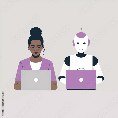 Woman and Robot Working Together on Laptops Purple and Gray computer