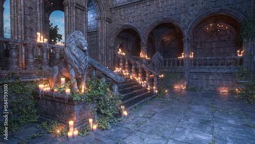Konstfotografi Old Gothic medieval castle courtyard with stone lion statues guarding a staircase, lit by candles