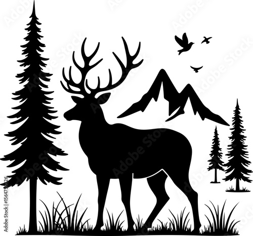 mountain Hiking man Deer  forest, trees, vector bundle