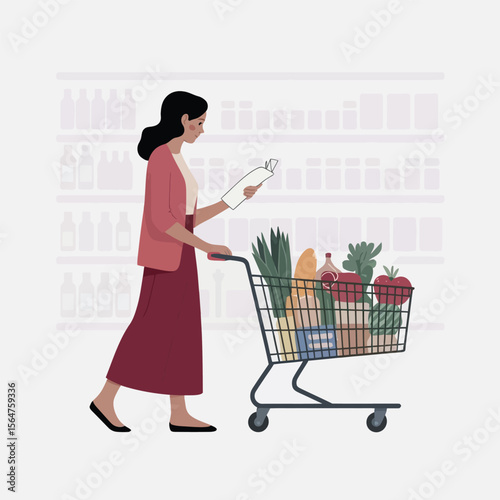 Woman Grocery Shopping Cart Supermarket Red Dress List vector