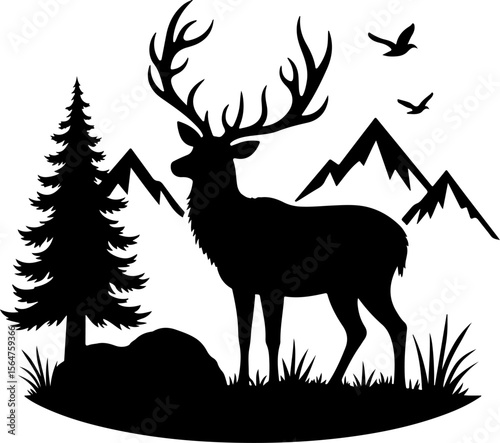mountain Hiking man Deer  forest, trees, vector bundle