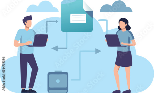 Illustration of people using laptops to access and share files through cloud storage system