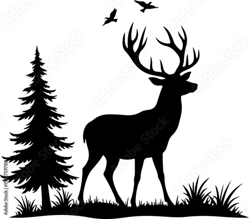 mountain Hiking man Deer  forest, trees, vector bundle