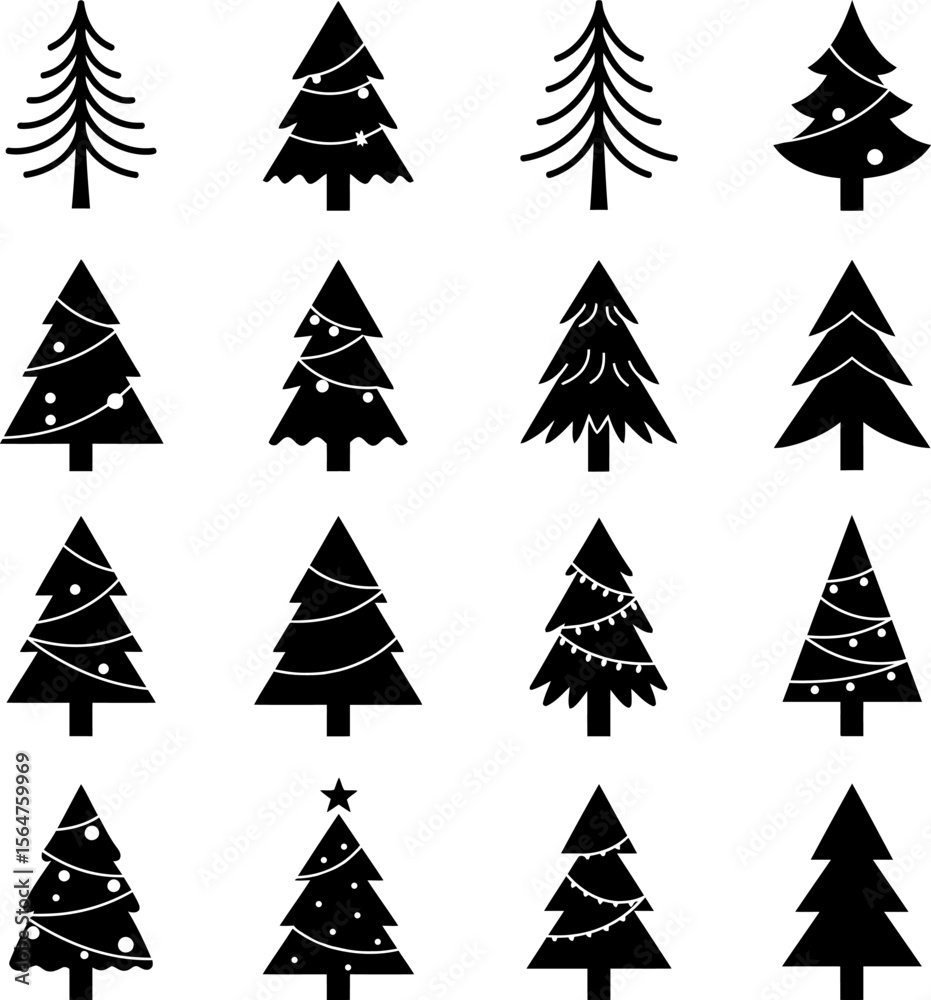 Obraz premium Modern Christmas Tree Silhouette Icon Set – Minimalist Black Holiday Trees Vector Collection