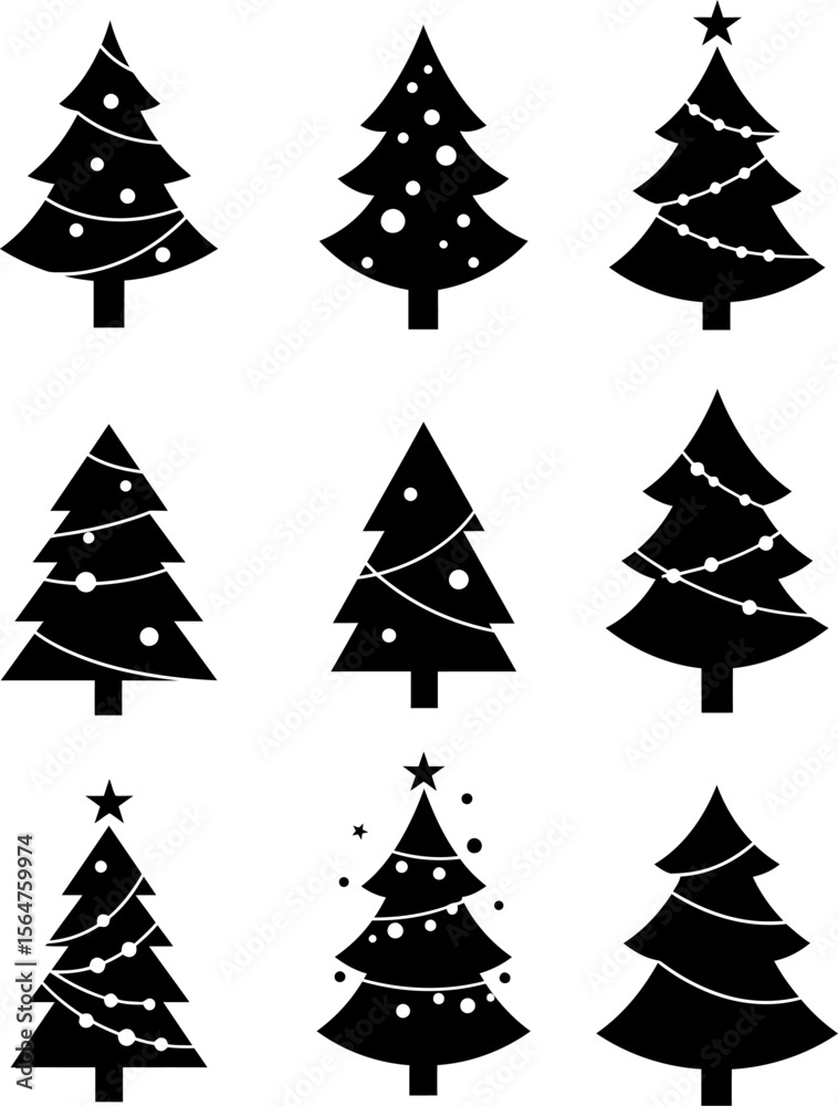 Obraz premium Modern Christmas Tree Silhouette Icon Set – Minimalist Black Holiday Trees Vector Collection