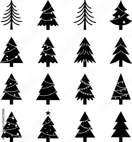 Modern Christmas Tree Silhouette Icon Set – Minimalist Black Holiday Trees Vector Collection