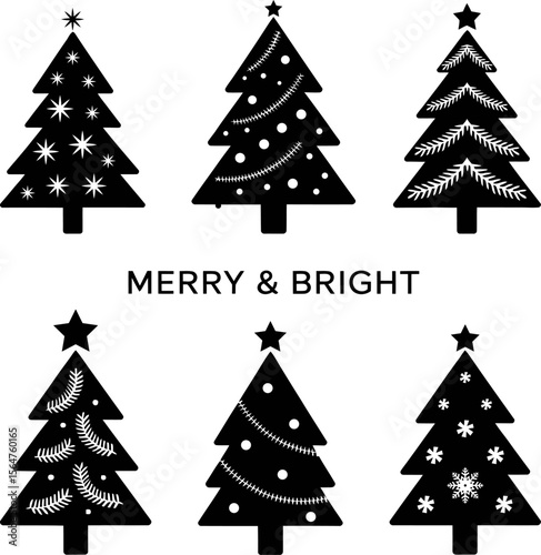 Modern Christmas Tree Silhouette Icon Set – Minimalist Black Holiday Trees Vector Collection