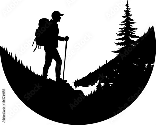 mountain Hiking man Deer  forest, trees, vector bundle