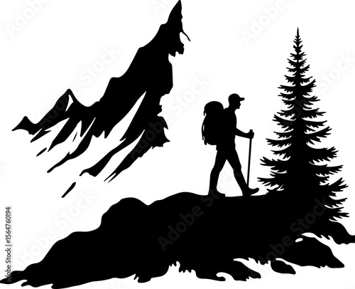 mountain Hiking man Deer  forest, trees, vector bundle