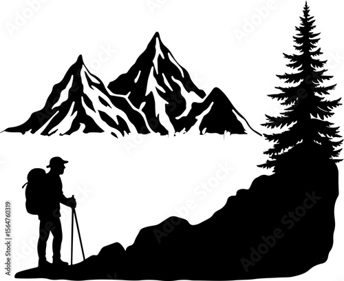 mountain Hiking man Deer  forest, trees, vector bundle