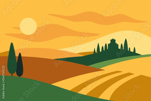 Tuscan Sunset Rolling Hills, Cypress Trees, and Golden Fields