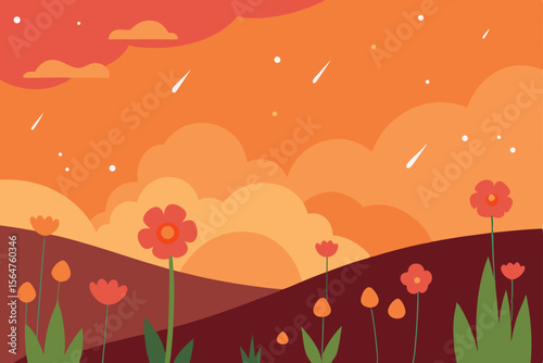 Sunset Meadow Serene Landscape Illustration with Blooming Flowers and Shooting Stars