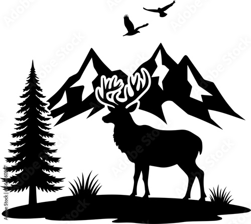 mountain Hiking man Deer  forest, trees, vector bundle