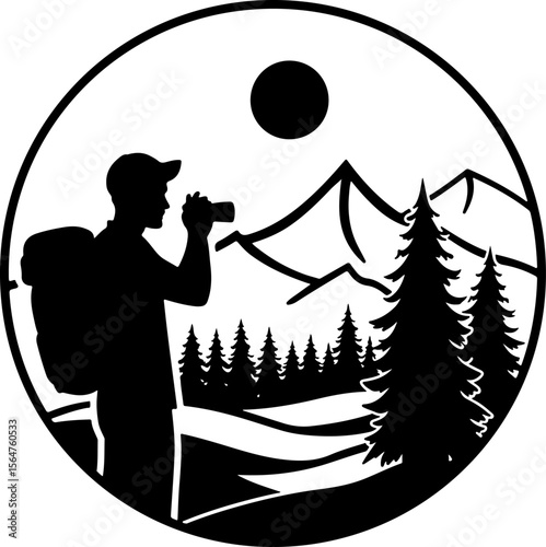 mountain Hiking man Deer  forest, trees, vector bundle