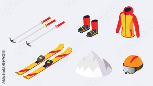 Isometric illustration of skiing equipment including skis boots poles jacket helmet and mountain