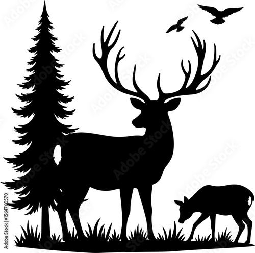 mountain Hiking man Deer  forest, trees, vector bundle