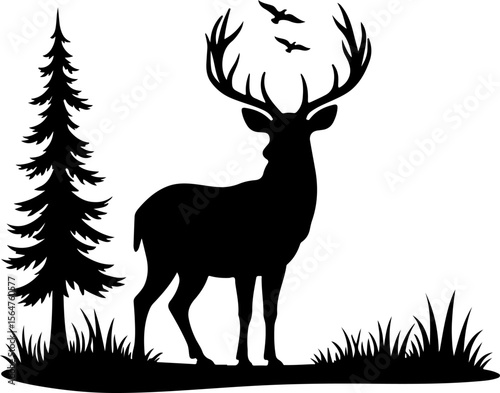 mountain Hiking man Deer  forest, trees, vector bundle