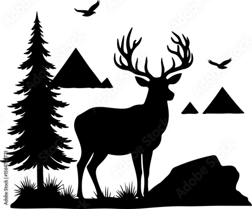 mountain Hiking man Deer  forest, trees, vector bundle