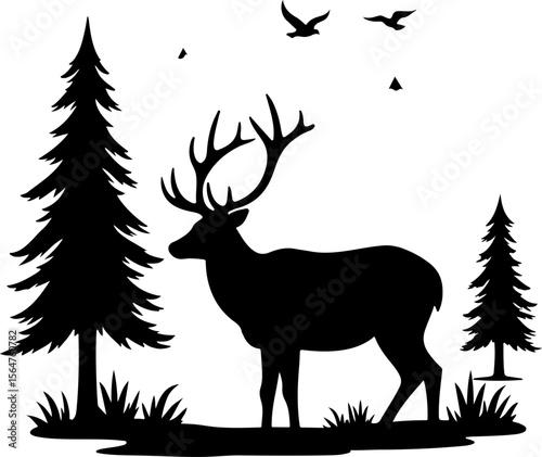 mountain Hiking man Deer  forest, trees, vector bundle