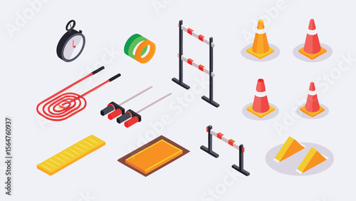 Isometric view of track and field equipment including hurdles cones and a stopwatch on a white background
