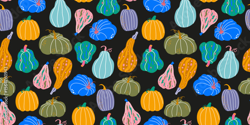 Autumn mystical pumpkins vector seamless pattern in groovy retro style. Fall season harvest illustration in funky hippie style for Thanksgiving, Halloween, wrapping paper, prints, textile