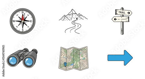 Explore the great outdoors with compass, map, and binoculars icon elements