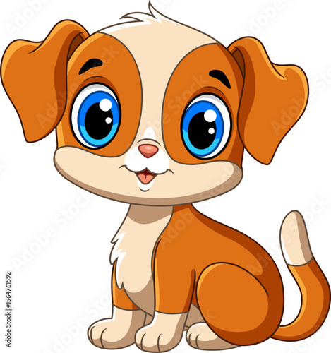 Illustration of cartoon little cute dog and adorable sitting and smiling on white background