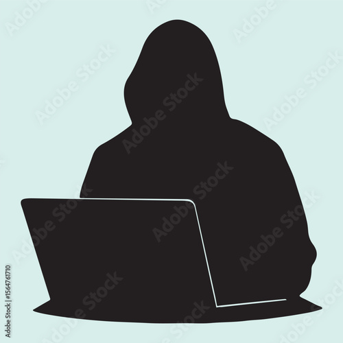 Anonymous Hacker Silhouette Icon with Laptop