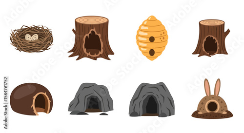 Animal homes Diverse nest, hive, cave, burrow designs for shelter 