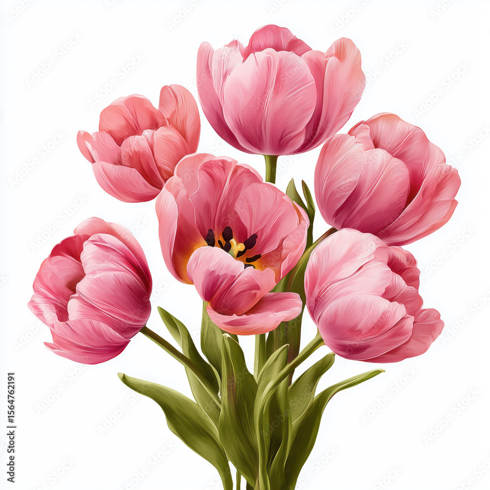 Fototapeta premium Delicate Pink Tulips Bouquet Illustration , PNG isolated cut out image