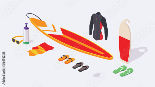 Isometric beach scene depicting surfboards, wetsuit, sunglasses, and flip flops ready for surfing