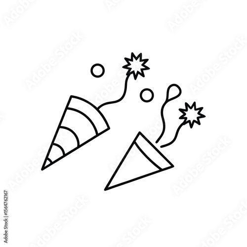 Festive party poppers exploding with confetti and stars in clean black and white line art style