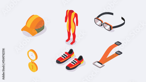 Isometric view of triathlon gear including a cap, suit, goggles, shoes, medal and race belt