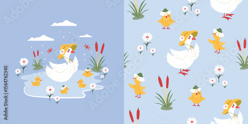 Children's background and seamless pattern with funny goslings and a mother goose in a hat. Vector design for fabric, wallpaper, wrapping paper, and more.