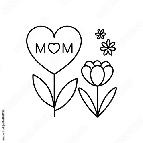 Floral arrangement for mothers day with a heart that spells mom and simple flower designs in line art
