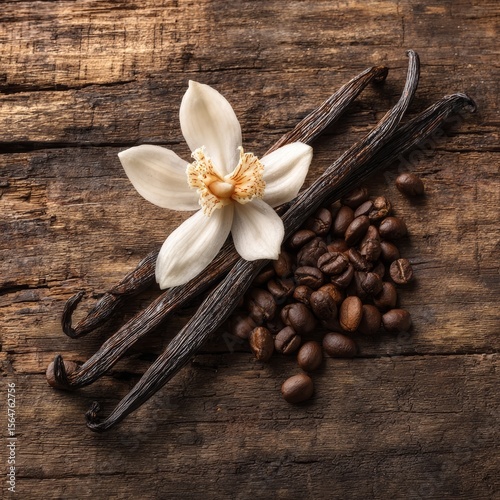 Aromatic arrangement featuring vanilla beans, coffee beans, and a delicate flower, set on a rustic wooden surface. The textures and scents blend together to evoke warmth and natural beauty. 