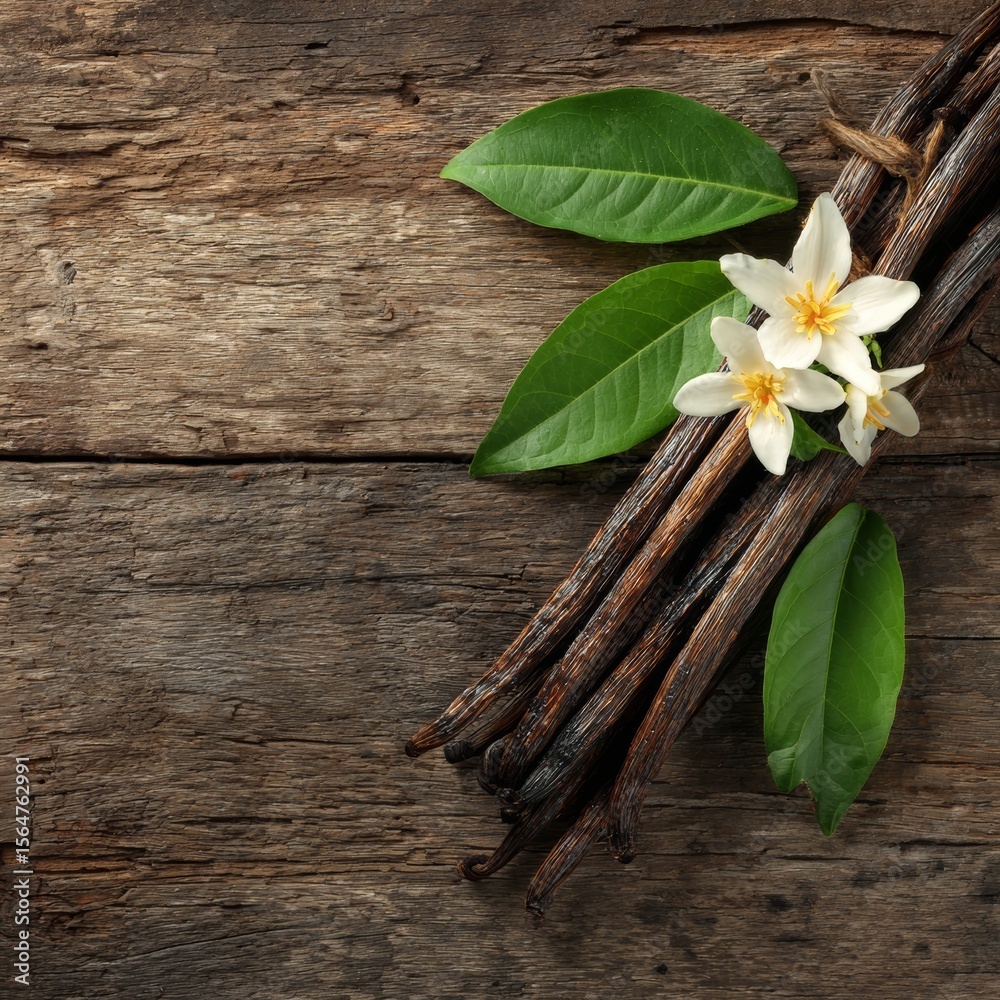 Fototapeta premium Vanilla bean with flowers, leaves, and wooden background. An overhead shot showcases the vanilla bean with flowers, leaves and wooden surface