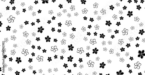 Seamless pattern of sketched and solid black flowers scattered randomly across a clean white backdrop, creating a versatile background ideal for textiles, wallpaper, or decorative paper projects.