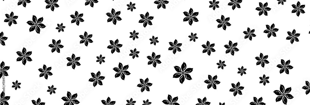 Elegant black floral shapes create a stylish and contrasting repeat pattern against a pure white backdrop, perfect for backgrounds and contemporary designs with botanical flair and modern simplicity