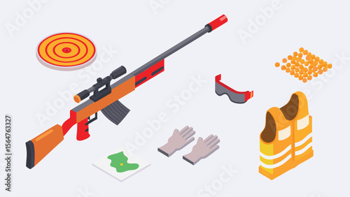 Isometric illustration of a rifle target safety vest goggles gloves map and ammunition on white background