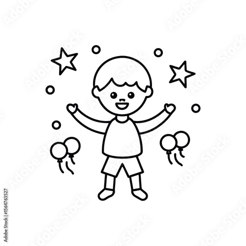 Happy boy with open arms celebrating a joyful occasion with balloons and stars line art