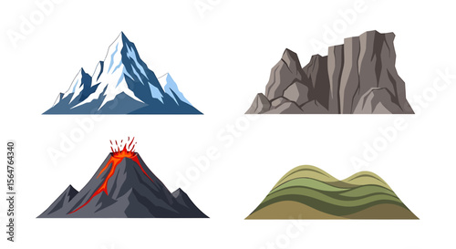 Majestic Mountain Ranges, Volcanoes, and Hills A Diverse Collection of Landscape Illustrations