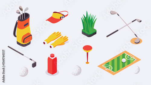 Isometric view of golf equipment including bag, clubs, balls, and putting green on a white background