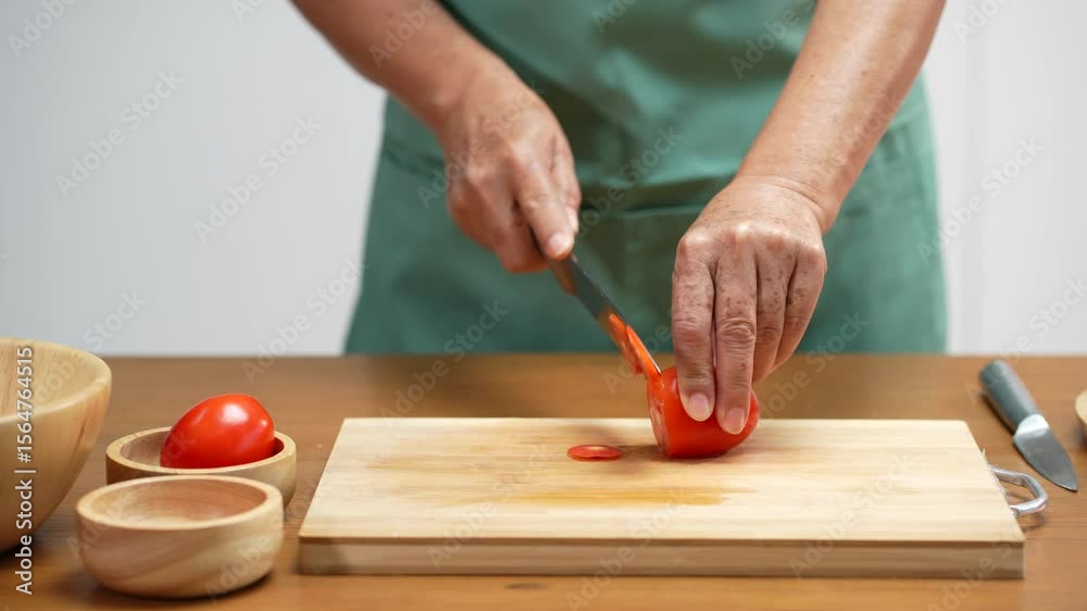 Close up of hands slicing onion on cutting board in kitchen. Close up of hands slicing onion on cutting board in kitchen.