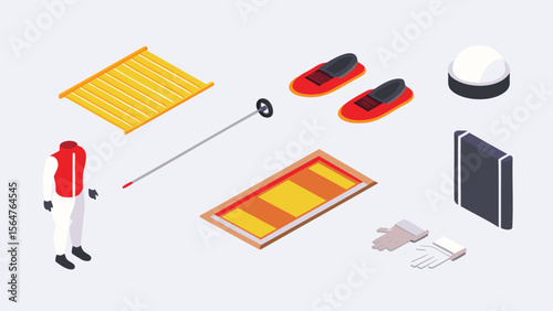 Isometric view of winter sports equipment including skis snowshoes and a suited figure on a white surface