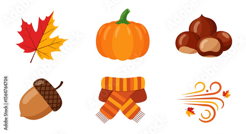 Vibrant Autumn Icons Maple Leaf, Pumpkin, Chestnuts, Acorn, Scarf, and Windy Fall Leaves