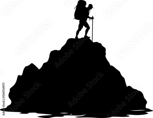  Mountain Hikers Silhouettes Vector with Trekking Poles 