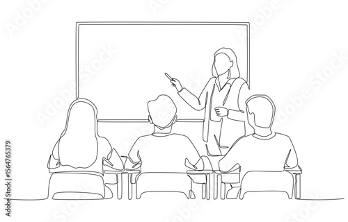 Continuous one line drawing of female teacher teaching students in classroom, single line art