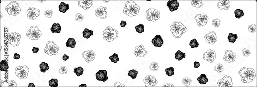 Elegant floral pattern with a white background featuring scattered black and white pansy flower outlines creating a delicate and visually appealing seamless design for various creative projects