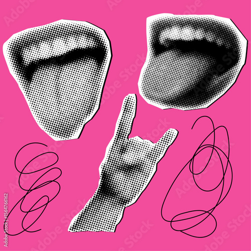 Halftone collage elements-open mouth with tongue and gesture hand